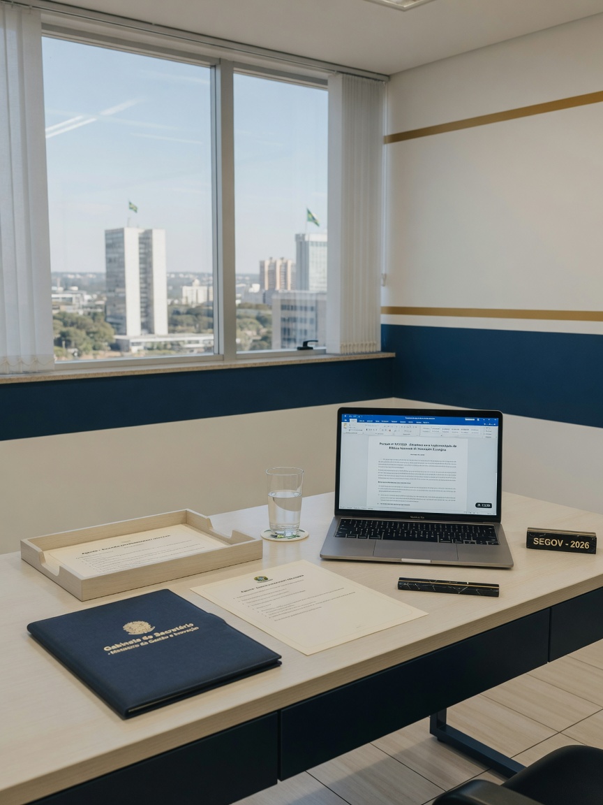 Gabinete contemporâneo com portaria aberta no notebook.