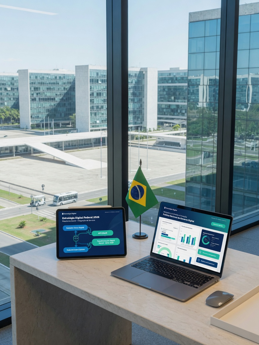 Mesa com Governo Digital diante de uma esplanada contemporânea.