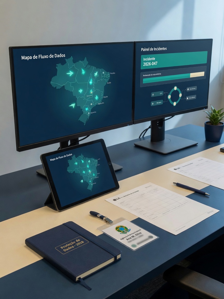 Mesa do encarregado: mapa de fluxo de dados e painel de incidente.